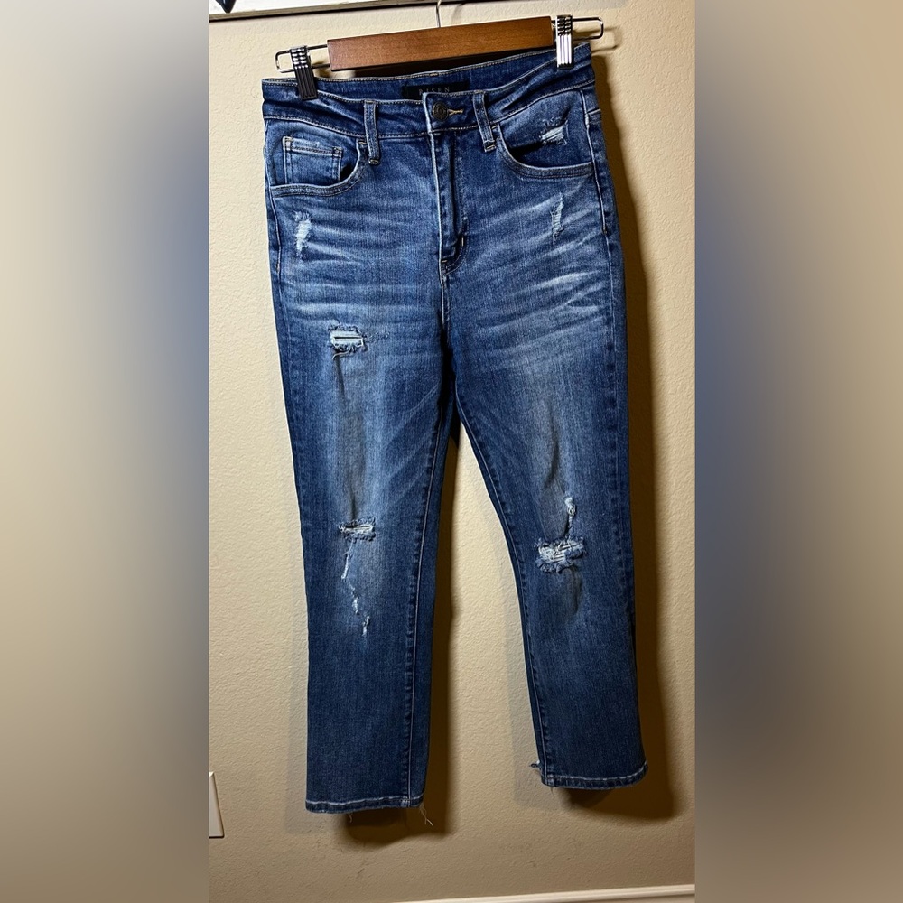 Risen brand OG Women's Distressed Blue Jeans - Classic Mid Wash